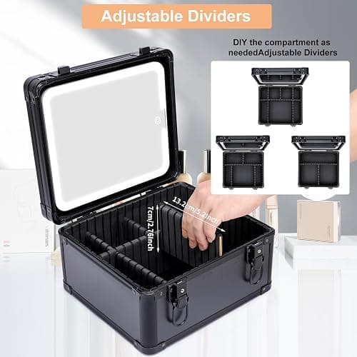 Makeup Box with Led Mirror,Travel Train Hard Case with Rechargeable Lighted Mirror Adjustable Dividers,Cosmetic Organizer Storage Bag for Makeup Artists,Appropriate Gift for Women and Girls,Black thumbnail 5