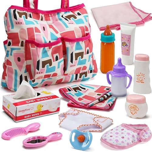 14 Pack Baby Doll Accessories, Baby Doll Feeding and Caring Set Includes Diaper Bag, Doll Diapers, Magic Bottle, Changing Mat for Girl Toddler Kid, Babies Pretend Play Set for Birthday Gift Christmas - Image 1