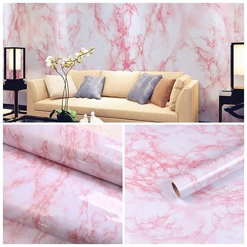 practicalWs 15.7 in × 118 in White Pink Marble Stick Paper Peel and Stick Countertops Self-Adhesive Vinyl Watertight Wallpaper Great As Cabinets Drawer Shelf Wall Crafts Wall Paper Decorations - 15.7" x 118.1" - Pink/White thumbnail 3