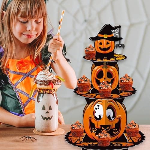 3 Tier Halloween Cupcake Stand - Cardboard Pumpkin Dessert Display Holder | Cupcake Tower for Spooky Party Table, Haunted House Treats, Trick-or-Treat Setup, and Halloween Decorations thumbnail 2