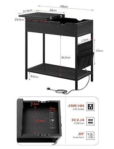 Nicehill Side Table with Charging Station, Narrow End Table with USB Ports, Outlets, Fabric Bags, Storage Shelf, Narrow Bedside Table for Small Rooms, Bedroom, Living Room, Classic Black thumbnail 3