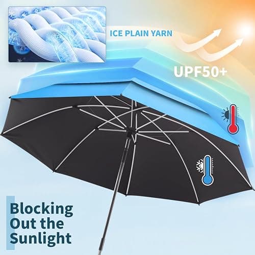 NBtoUS 48.6" Double Canopy Beach Umbrella with Clamp, UPF50+ Beach Chair Umbrella with clip, 360°Adjustable Portable Outdoor Wheelchair, Patio, Golf Carts,Camping(Sky/Blue) thumbnail 5