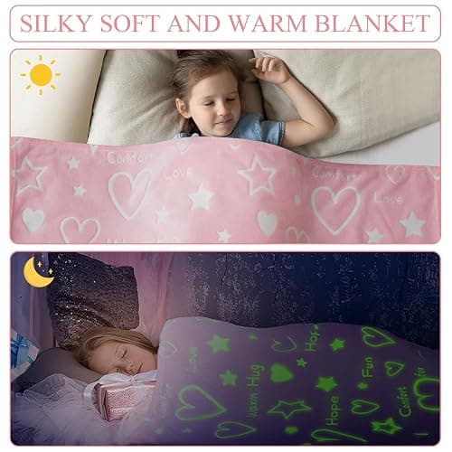 Goodhipi Glow in The Dark Heart Stars Blanket, Gifts for Girls Women Mom,Soft Warm Cozy Pink Blanket for Girls,Easter Gifts for Kids Birthday Gifts Presents Kids 3-12 Age,50"x 60" thumbnail 3