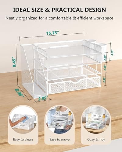 WALI Desk File Organizer, 4 Tier Desktop Paper Letter Tray Organizer with Drawer and 2 Pen Holders, Office Desk Accessories & Workspace Organizers for Office, Home Supplies(DO005DH-W), 1 Pack, White thumbnail 2