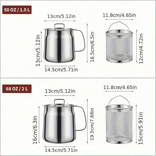 68oz 304 Stainless Steel Deep Fryer Pot with Basket & Strainer, Large Capacity Bacon Grease Container for Kitchen,Frying, Cooking, Camping,Oil Filter Container - Dishwasher Safe (68oz/2L/2.1Qt) thumbnail 3