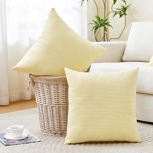 Yellow Striped Summer Outdoor Throw Pillow Covers 18x18 Set of 2, 18 x 18 Yellow and White Outdoor Throw Pillows, Modern Farmhouse Boho Decor Pillow Covers for Porch Patio (No Pillow Inserts) thumbnail 2