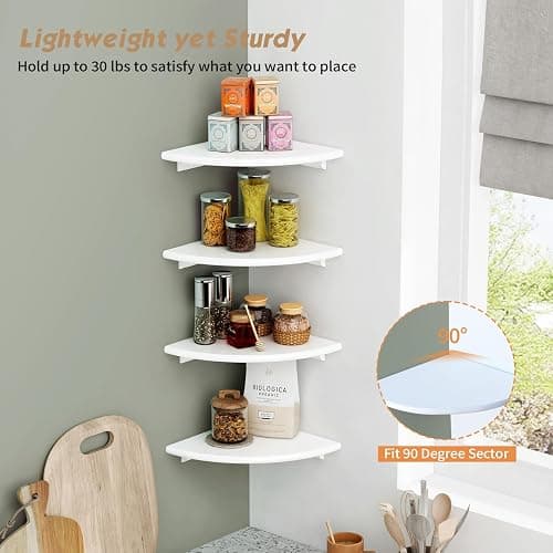 Forbena White Corner Floating Shelves for Wall Set of 4, Rounded Corner Shelves Wall Mounted for Kids Bedroom Books, Cute Wood Hanging Corner Shelf for Bathroom Decor, Living Room, Small Spaces thumbnail 7