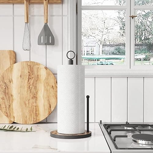 OROPY Paper Towel Holder Countertop with Heavy Duty Wood Base, Farmhouse Paper Towel Roll Stand for Kitchen Counter fits Standard and Jumbo Size Paper Towels (Brown - Easy to Tear) thumbnail 5