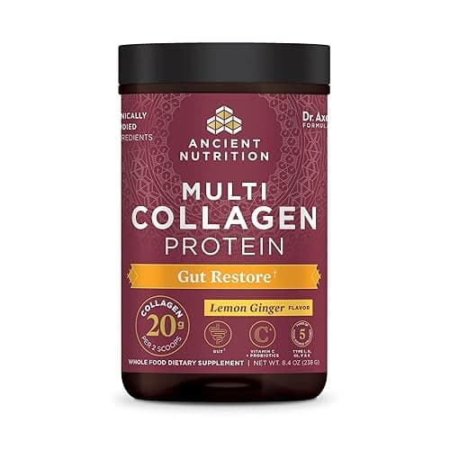 Collagen Powder Protein by Ancient Nutrition, Multi Collagen Protein Gut Restore, Lemon Ginger, Apple Cider Vinegar, Vitamin C, Hydrolyzed Collagen Peptides for Healthy Hair and Nails,8.4 oz. - Image 1
