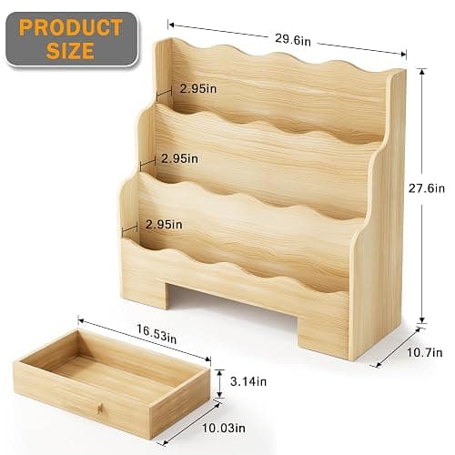 FIKSG 3-Tier Montessori Scalloped Kids Bookshelf with Drawer | 29.6" Wide Natural Wood Forward Facing Bookcase for Toddlers, Children's Book Display and Organizer for Playroom,Nursery thumbnail 2