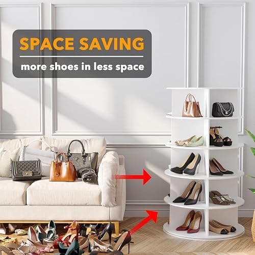 SpaceAid 5 Tier Rotating Shoe Rack Tower, Spinning Shoe Display Lazy Susan, Revolving 360 Shoe Rack Storage Round Carousel, Vertical Handbag Rotate Shoes Closet Organization (5-Tier White) thumbnail 3