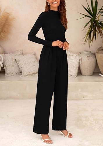 PRETTYGARDEN Long Sleeve Wide Leg Jumpsuits for Women | Soft Stretchy Mock Neck, One Piece Travel Outfit, Comfy Pockets, Elegant Romper for Fall Spring Work, Casual Outing & Cruise thumbnail 4