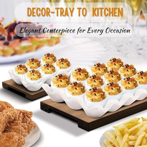 Flexzion 12 + 6 Cups Ceramic Egg Holder for Fridge - 18 Porcelain Egg Tray Container Keeper Storage Organizer Decorative Serving Stand Serveware for Refrigerator Countertop Display Kitchen (White) thumbnail 4