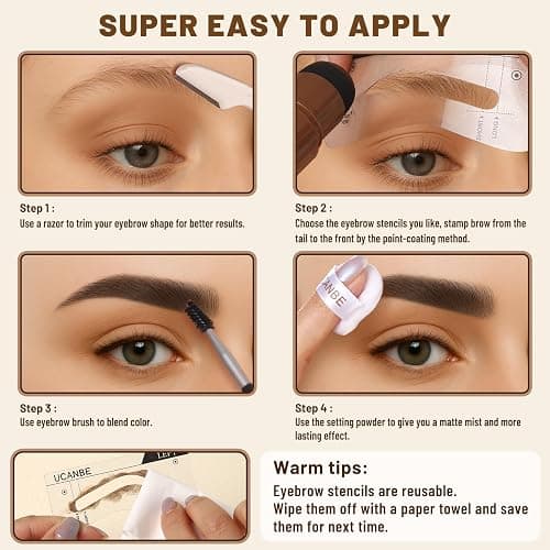 UCANBE 25PCS Eyebrow Stamp Stencil Kit With Dual-Color Eyebrow Stamp Pomade,20 Reusable Eyebrow Stencils,Finising Powder,Brush,Eyebrow Razor,Zipper Pouch,Waterproof Eye Brow Stamping and Shaping Kit04 thumbnail 6