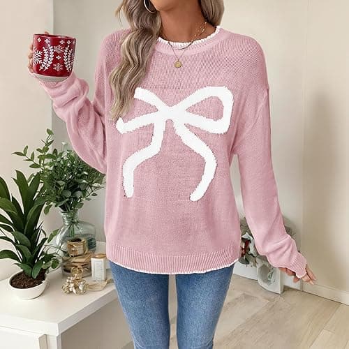 Women Bow Sweater Casual Crew Neck Long Sleeve Pullover Sweaters y2k Lightweight Knitted Jumper Tops Winter Clothing thumbnail 4