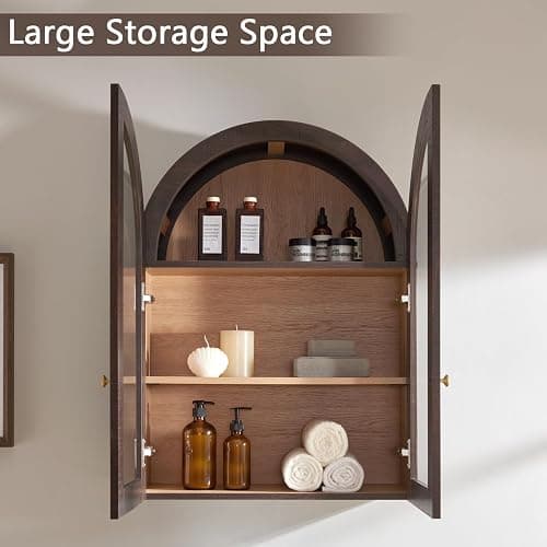 Bathroom Arched Wall Cabinet Over The Toilet Storage Cabinet, 23.5×31.4 Inch bathroom cabinet wall mount with Glass Doors & Adjustable Shelves, Wood Cabinet for Laundry Room, Bedroom Kitchen, Brown thumbnail 3