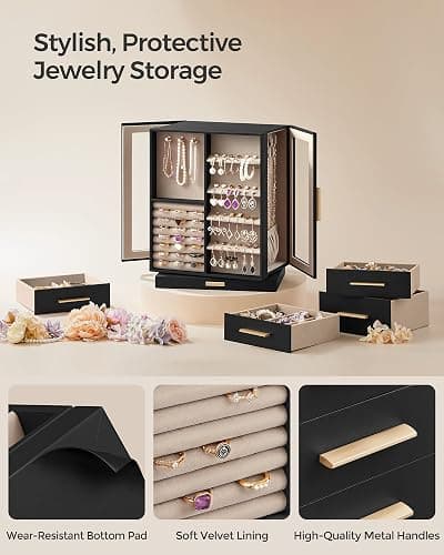 SONGMICS GISELLA Collection - Jewelry Box Organizer 360° Rotating, Large Vertical Jewelry Storage Case with 5 Drawers, Shiny Metal Hardware, Glass Window, Gift Idea, Ink Black UJBC170B01 thumbnail 5