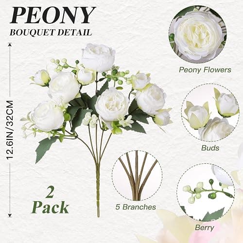 Luyue 2 Packs Peonies Artificial Flowers Vintage Faux Peony Bouquet Fake Flower for Vase Silk Floral Arrangements for Table Centerpiece Wedding Decoration Indoor Home Decor thumbnail 7