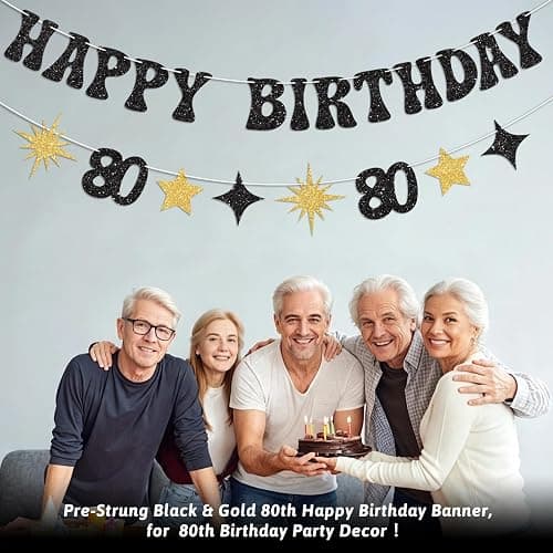 Vofrise Black Gold Happy 80th Birthday Banner Pre-Strung 80th Birthday Decorations for Women Men Glitter Star Cheers to 80 Years Old Birthday Decorations Eighty Bday Party Supplies thumbnail 5