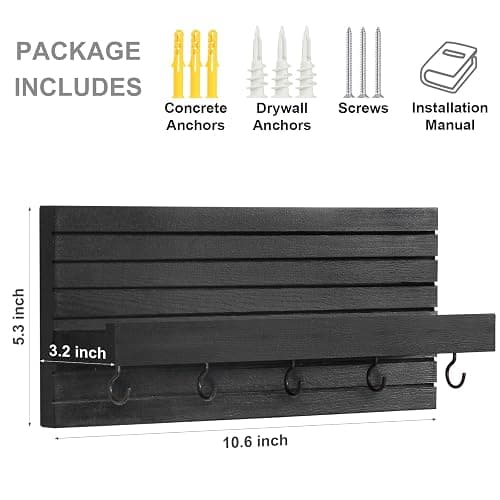Lwenki Decorative Key Holder for Wall with Shelf, Entryway Shelf with Hooks Holds Leashes, Jackets and Glasses – Sturdy Wood Keyholder Entrance Hanger with Mounting Hardware (Black, Medium) thumbnail 3