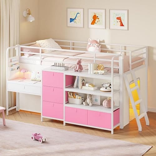 Low Loft Bed Twin Size with Desk, 6 Storage Drawers & Bookshelf, Kids Loft Bed with LED Lights & Under-Bed Play Space, Heavy Duty Metal Bed Frame with 13.8"H Safety Guardrail & Ladder, White and Pink - Image 1