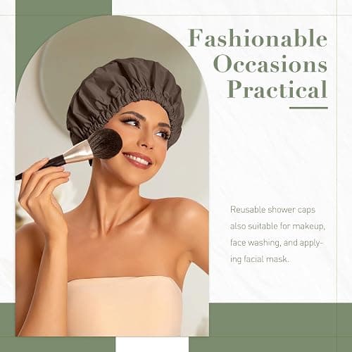 Reusable Shower Cap for Women, Large Waterproof Shower Essentials Bonnet Washable Elastic Band Bath Hair Wrap Hat for Long Hair, Braids(Dark Coffee) thumbnail 2