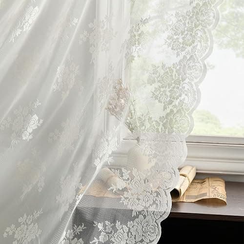 Kotile Ivory Lace Curtains 84 Inches Long - Vintage Embroidered Floral Sheer Lace Curtains for Living Room, Scalloped Privacy Sheer Curtain for Windows, 52 x 84 Inch, 2 Panels, Ivory - Image 1