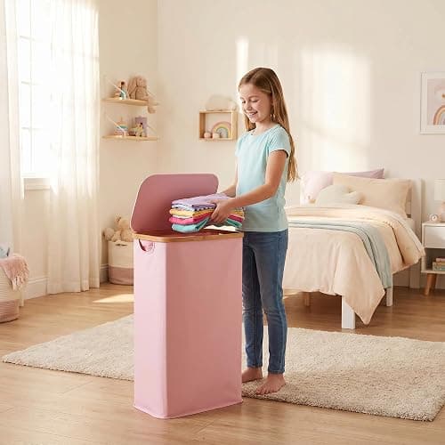 iEGrow 65L Slim Laundry Hamper, Narrow Laundry Basket with Lid,Foldable Clothes Hamper with Bamboo Handles,Hamper Basket with Removable Inner Bag for Laundry Room Bedroom College Dorm,17.17 Gals Pink thumbnail 2