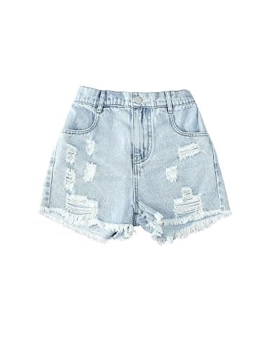 Floerns Girl's Ripped Raw Hem Elastic Waist Straight Leg Denim Shorts with Pockets - Image 1