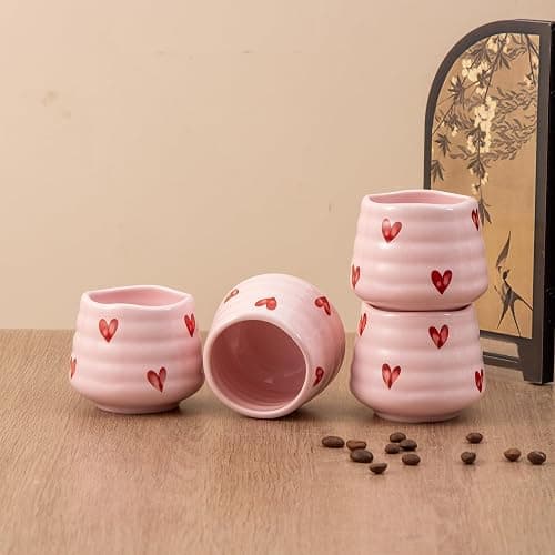 YumiPLUS 4pcs Ceramic Tea Cup Set – 160ml 5.4OZ Porcelain Pink Matcha Cup, Handless Cute Hearts Coffee Mugs for breakfast espresso/afternoon tea (Pink Love) thumbnail 7