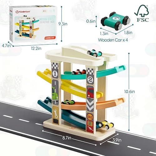 TOP BRIGHT Toddler Toys for 2 Year Old Boy, Wooden Car Ramp Race Track Set | Car Toys for Toddlers 1-3 with Cars and a Garage, Montessori Toys for 12 Year Old Boy Girl,Birthday Gift for Age 18+ Month thumbnail 3