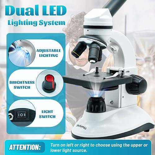 Microscope for Kids Starter Adults 64X-1280X Metal Monocular Microscope for Students School Home Education LED Lights Phone Holder Microscope Kit thumbnail 5