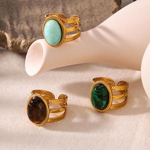 Dikixe Boho Western Turquoise Ring, Oval Turquoise Gemstone December Birthstone Open Adjustable Statement Ring, Gold Plated Stainless Steel Stackable Rings for Women thumbnail 4