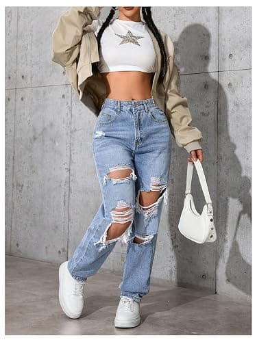 Floerns Women's High Waisted Distressed Jeans Straight Leg Casual Ripped Denim Pants thumbnail 5