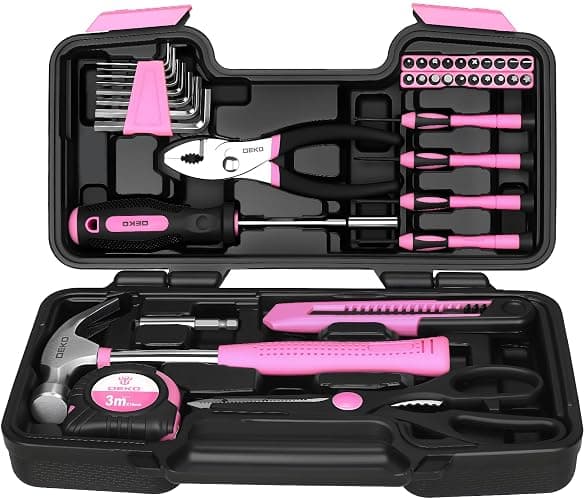 DEKOPRO 39-Piece Pink Household Tool Kit for Women, Basic Hand Tool Set with Plastic Toolbox Storage Case, Small Starter Tool Box Set for Home Repairs, DIY Projects, Crafts and Dorm Essentials - Image 1