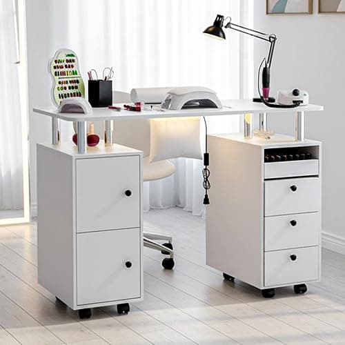 Oakvera Nail Tech Table with Dust Collector & LED Light, Rolling Manicure Desk with Storage Drawers & Cabinets, Lockable Wheels, Acetone-Resistant Beauty Workstation for Salon, Home (White) thumbnail 9