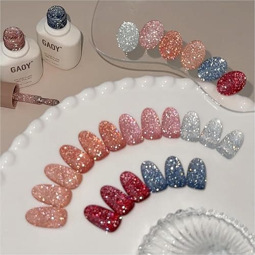 GAOY Reflective Glitter Gel Nail Polish Set, 6 Colors Red Pink Silver Holographic Sparkle Gel Kit, Soak Off UV Light Cure for Salon and Nail Art DIY at Home, Radiant Opulence - Image 1
