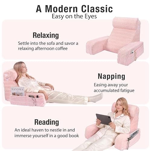 Selectico Reading Pillow for Bed Sitting Up with Large Pockets,Modern Style | 19" Supportive Backrest Cushion for Reading,Nursing,Resting,or Reclining,Stable Armrests & Washable Cover – Pink thumbnail 5