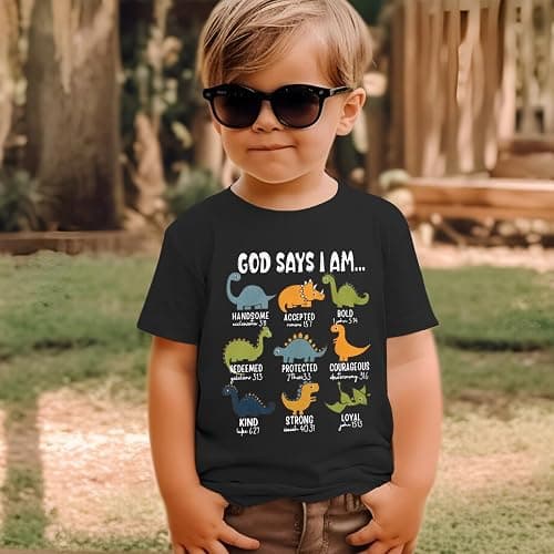 GLIGLITTR Toddler Boy Dinosaur Shirt God Says I Am Bible Verse Dino Religious Tshirt Christian Outfits Baby Short Sleeve Tees thumbnail 5