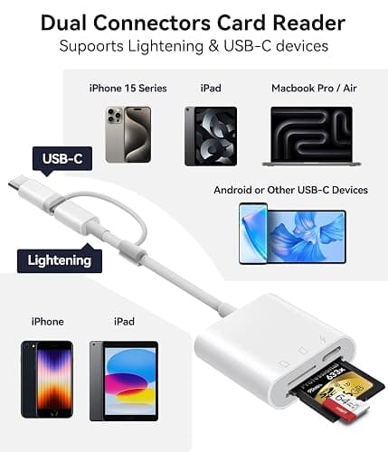 SD Card Reader for iPhone iPad, Oyuiasle Digital Trail Camera SD Card Viewer with Dual Slot for MicroSD/SD, Lightening&USBC Dual-Connector Memory Card Adapter for Photography, Plug and Play - 2 Slots thumbnail 2