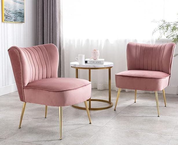 Shunzhi Pink Velvet Accent Chairs Set of 2 with Golden Legs Upholstered Side Chairs Mid-Century Modern Slipper Chairs for Guest Room Comfy Armless Wingback Corner Single Sofa Living Room Chairs - Image 1