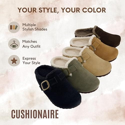 CUSHIONAIRE Haven Genuine Leather Clogs for Women – Faux Fur Lined Slip-On Womens Shoes with Cork Footbed and Adjustable Buckle thumbnail 7