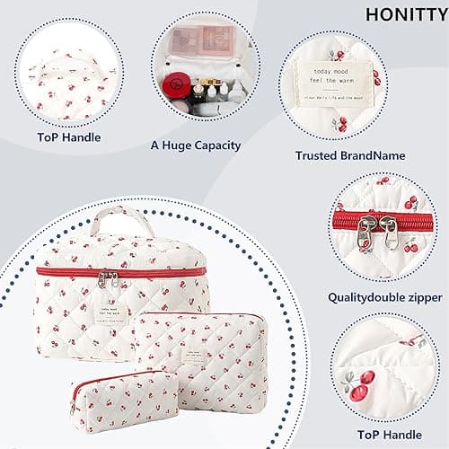 Makeup Bag,Quilted Cosmetic Bags,Large Floral Make Up Organize bag,Makeup Bag Set for Women,Flower Travel Toiletry Bag - Cherry-2 thumbnail 3
