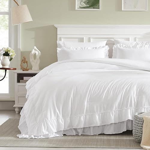 Cupocupa White Full Comforter Set, 3Pcs Comforters Ruffle Farmhouse Bedding Sets Full with Comforter, Lightweight Soft Shabby Chic Bedding Comforter Set Fluffy for All Season (White, F) thumbnail 3