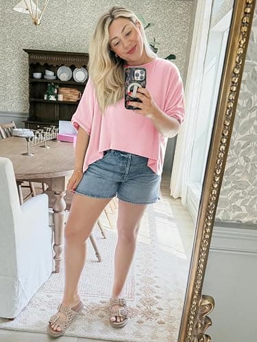 Tankaneo Womens Oversized T-Shirts Cropped Summer Casual Short Sleeve Loose Fit Tee Tops thumbnail 4