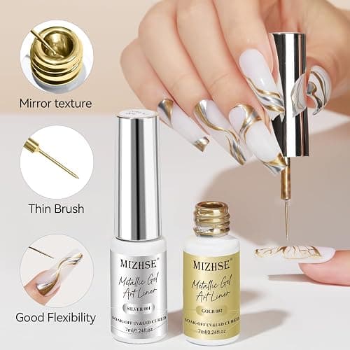 MIZHSE 2PCS Gold and Silver Metallic Gel Liner Nail Art 3D Mirror Gel Paint, Metal Chrome Glossy Painting Drawing Line Swirl, French Nail Design Dotting Soak off Manicure Set Nail Art for Home Salon thumbnail 5