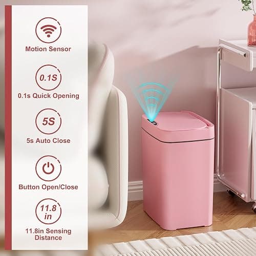 Vanpopubs 2 Pack 2.7 Gal Bathroom Trash Can with Lid, Automatic Trash Can Small Smart Garbage Can Touchless, Slim Motion Sensor Waterproof Plastic Trash Bins for Bedroom Office Kitchen Toilet Pink thumbnail 2