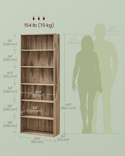 VASAGLE 6-Tier Bookshelf, Storage Organizer, 23.6 x 9.5 x 63.2 Inches | Particleboard and MDF, for Home Office, Camel Brown, CUSTOS Collection ULBC166T50 thumbnail 3