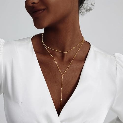 LULII Gold Necklace for Women Trendy Lariat Y Necklace Dainty 14k Gold Plated/Silver Long Necklaces for Women Layered Beaded Drop Necklaces Simple Y-Shaped Chain Jewelry Gifts thumbnail 2