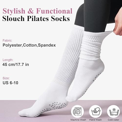 Grip Pilates Socks for Women, Yoga Slouch Socks with Grip for Barre Workout Hospital Long Scrunch Slipper Socks thumbnail 4